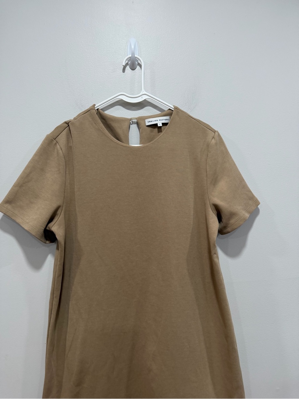 English Factory Beige Mixed Media Midi Minimalist Tiered Hem Dress Size Large - Picture 3 of 8